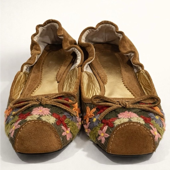 Zinc (Anthropologie) Embroidered Ballet Flats, suede, fabric, brown/multi, sz7, - Picture 2 of 14
